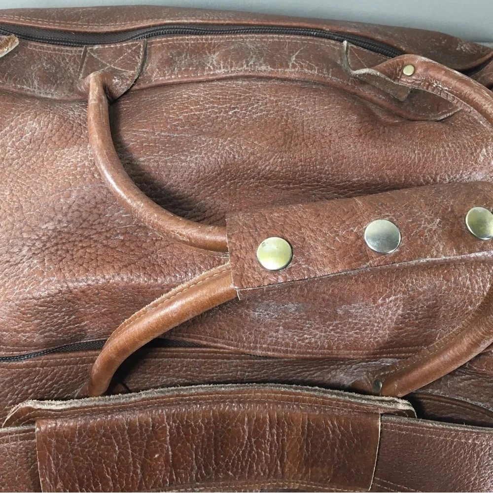 Vintage Brown Bullhide Leather Duffel Duffle Gym Travel Weekender Bag Pack